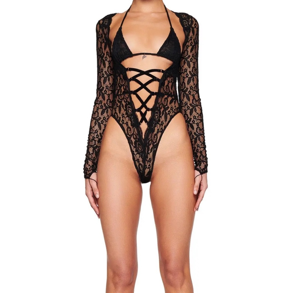 I.AM.GIA Airo Black Lace Thong Corset Style  Bodysuit, Large